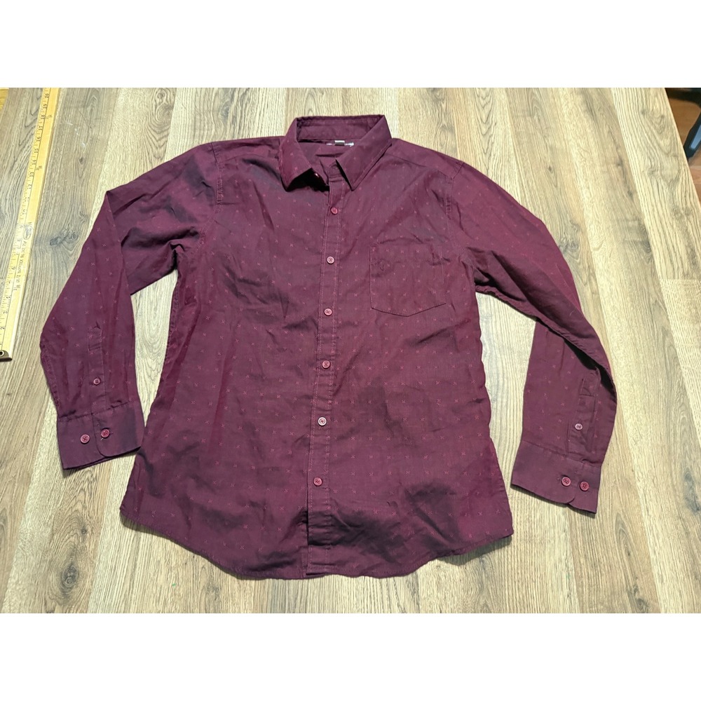 Haggar Shirt Mens Medium Maroon Button Up Long Sleeve Dobby Pattern Pocket Shirt